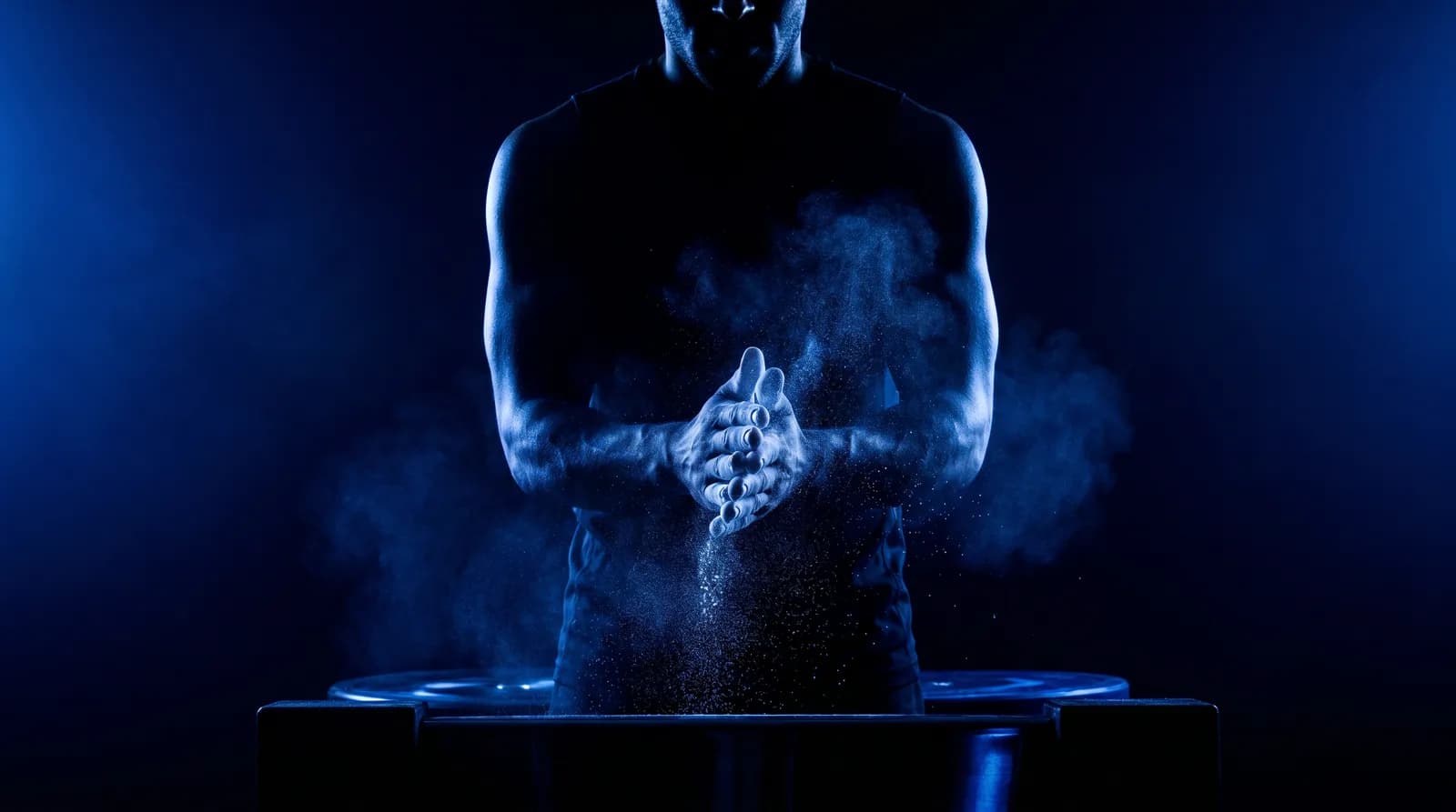 Athlete clapping chalked hands in a burst of chalk dust under blue light